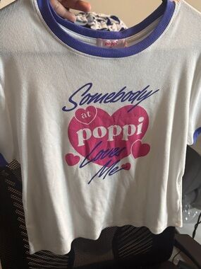 Poppi White Short-Sleeve Graphic Ringer Tee with Pink Heart and Purple Trim